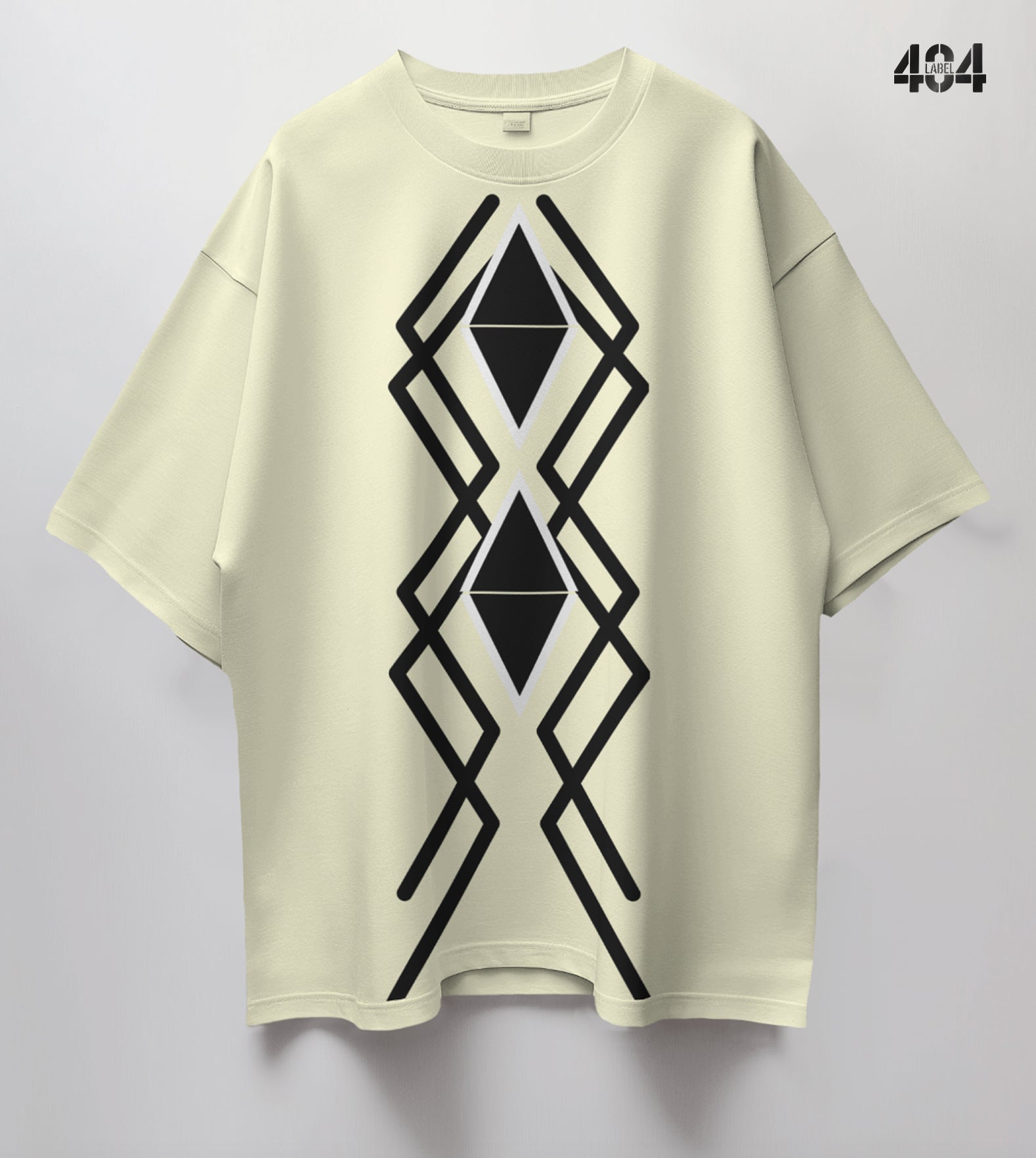 The design features a striking geometric pattern with interlocking diamond shapes and intersecting lines, creating a modern and bold aesthetic.