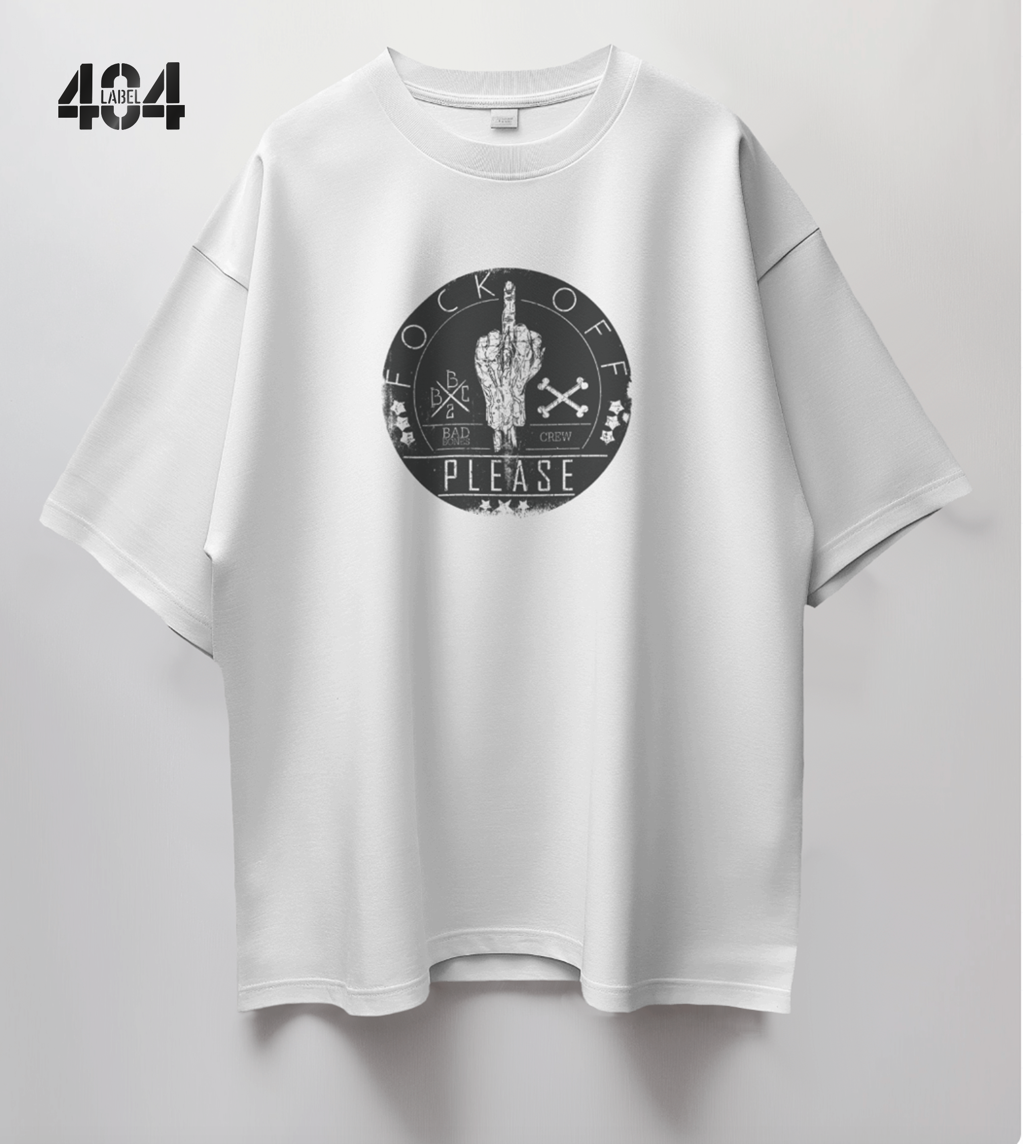 This white oversized tee features a striking black circular graphic