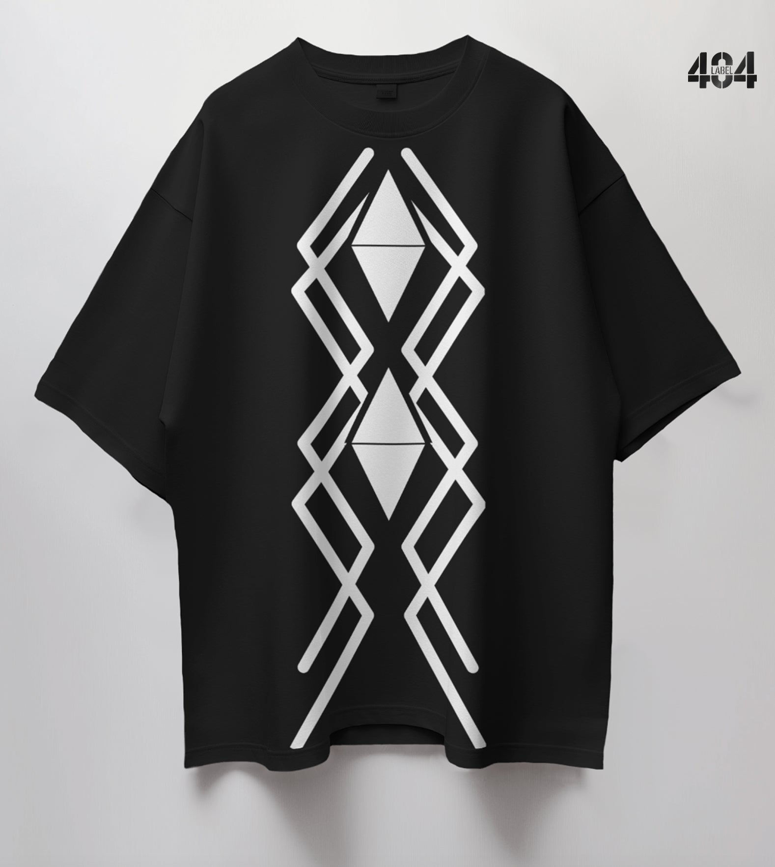 The design features a striking geometric pattern with interlocking diamond shapes and intersecting lines, creating a modern and bold aesthetic.