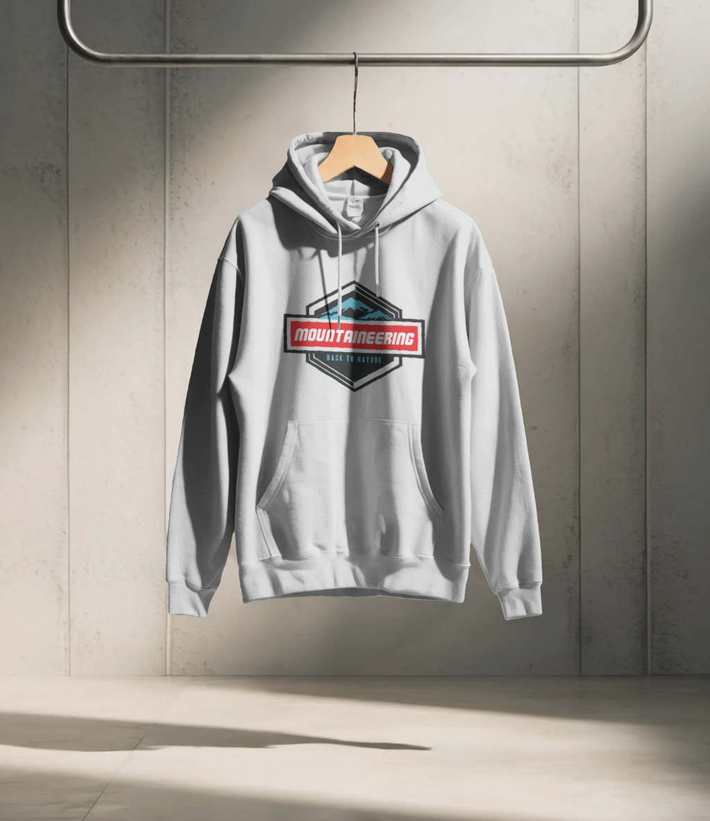 Embrace the spirit of adventure with our Black Mountaineering Hoodie, featuring a bold graphic design with "Mountaineering" and "Back to Nature"