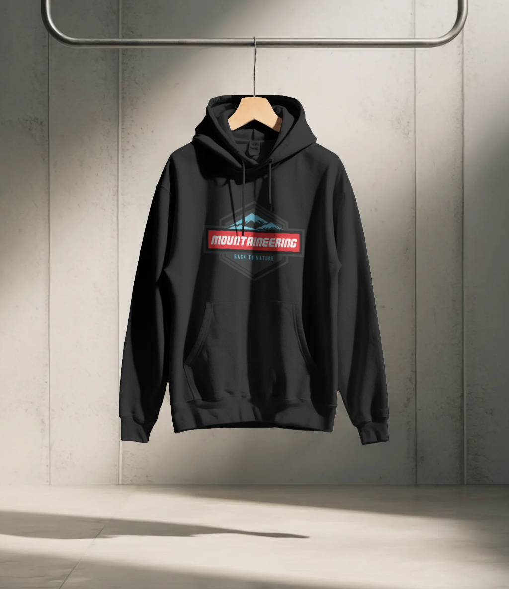 Embrace the spirit of adventure with our Black Mountaineering Hoodie, featuring a bold graphic design with "Mountaineering" and "Back to Nature"
