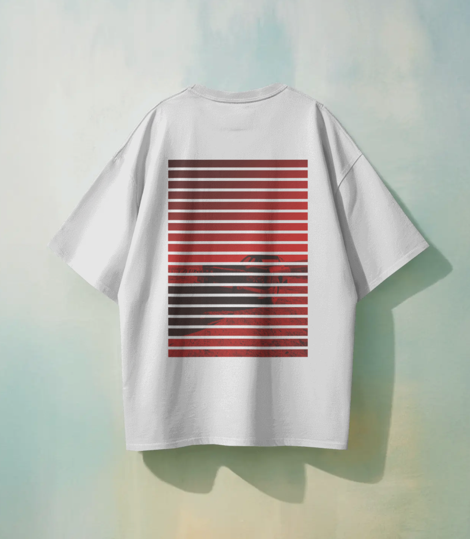 Minimalist Red Triangle & Automotive Back Print Oversized T-Shir