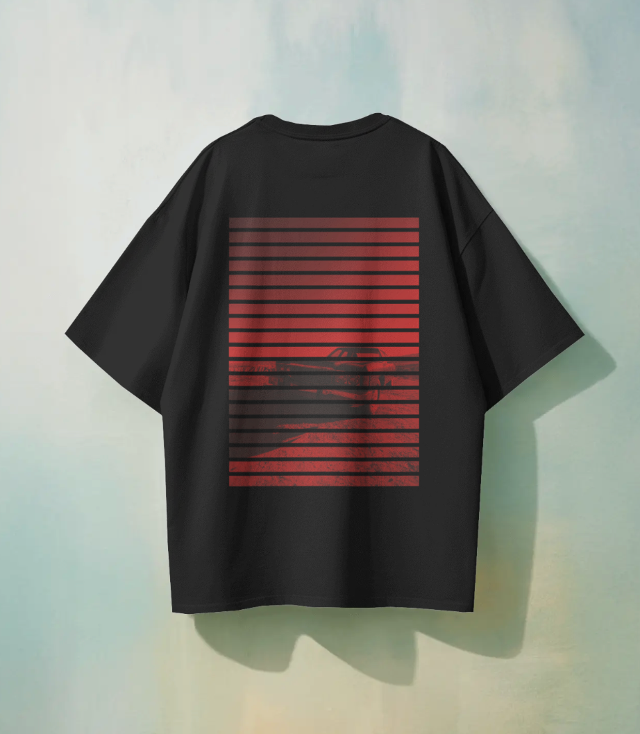 Minimalist Red Triangle & Automotive Back Print Oversized T-Shir