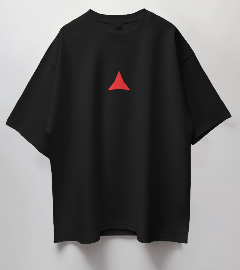 Minimalist Red Triangle & Automotive Back Print Oversized T-Shir