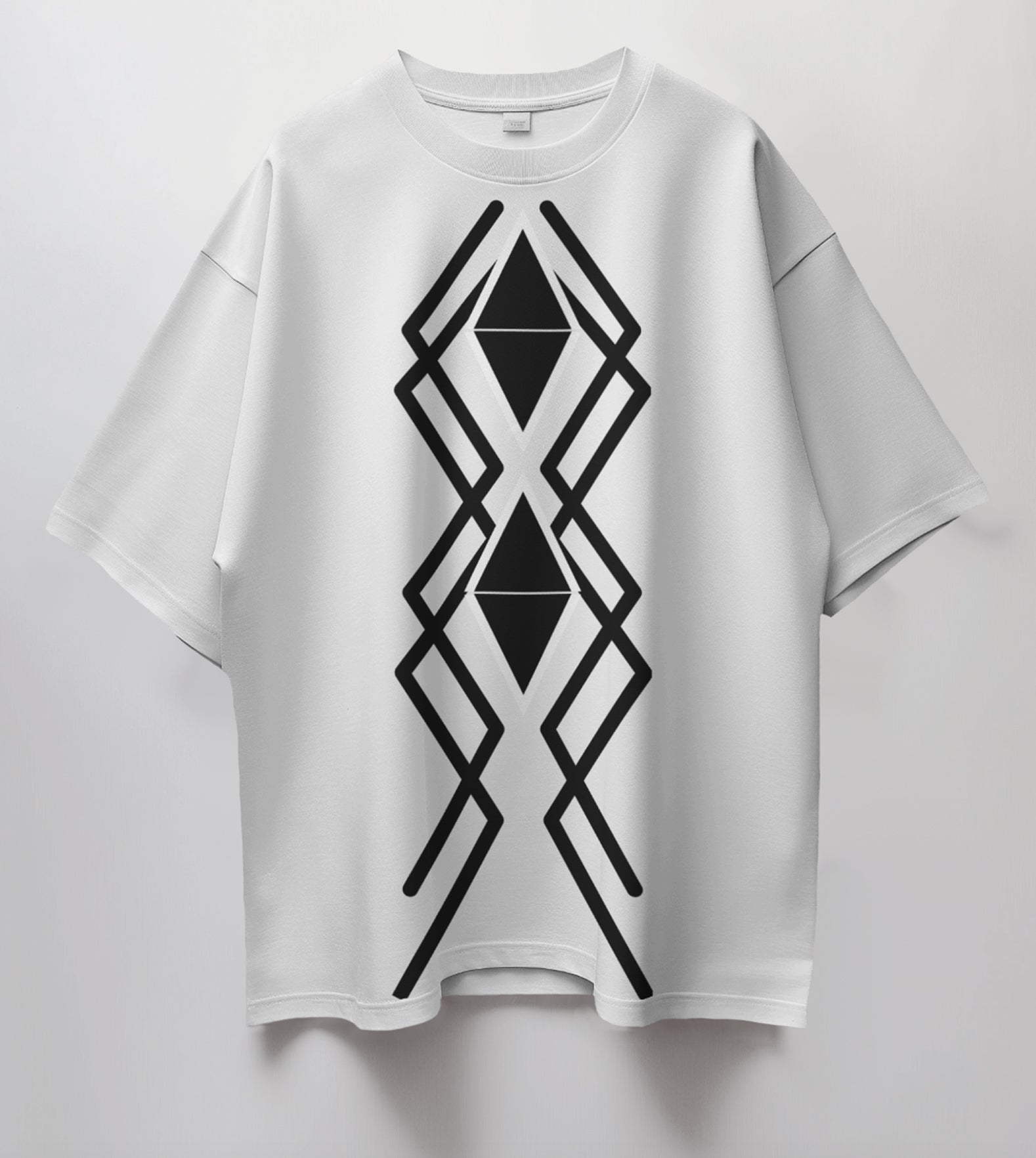 The design features a striking geometric pattern with interlocking diamond shapes and intersecting lines, creating a modern and bold aesthetic.