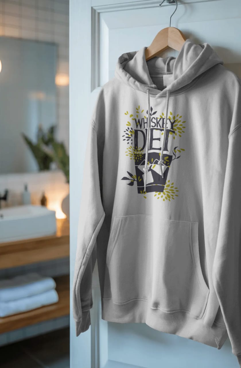 Add a touch of humor to your wardrobe with our white Whiskey Diet Hoodie! Featuring a playful "Whiskey Diet